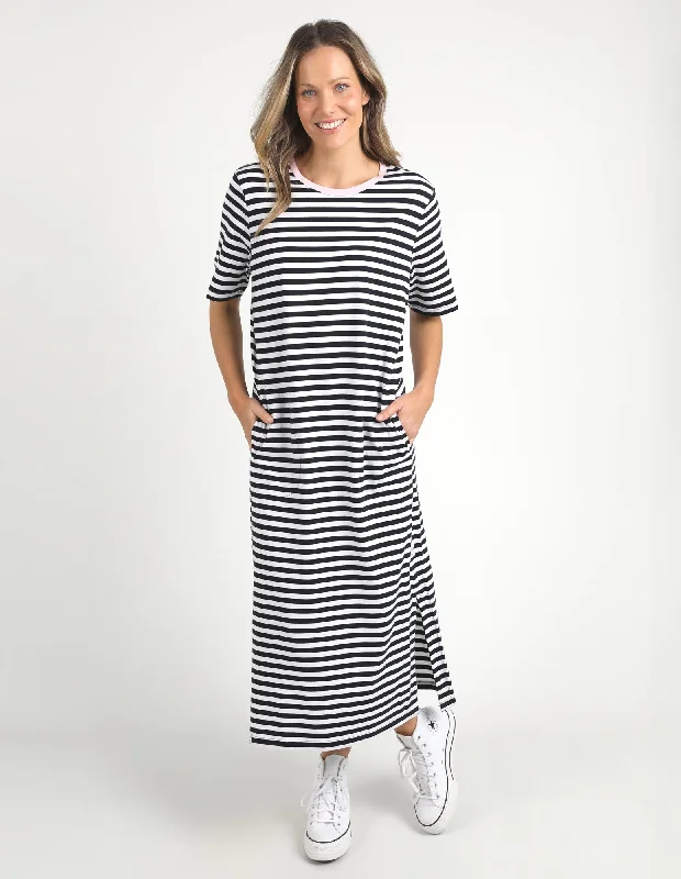 Elm Merry Tee Dress Navy Stripe/Pink Neck Band