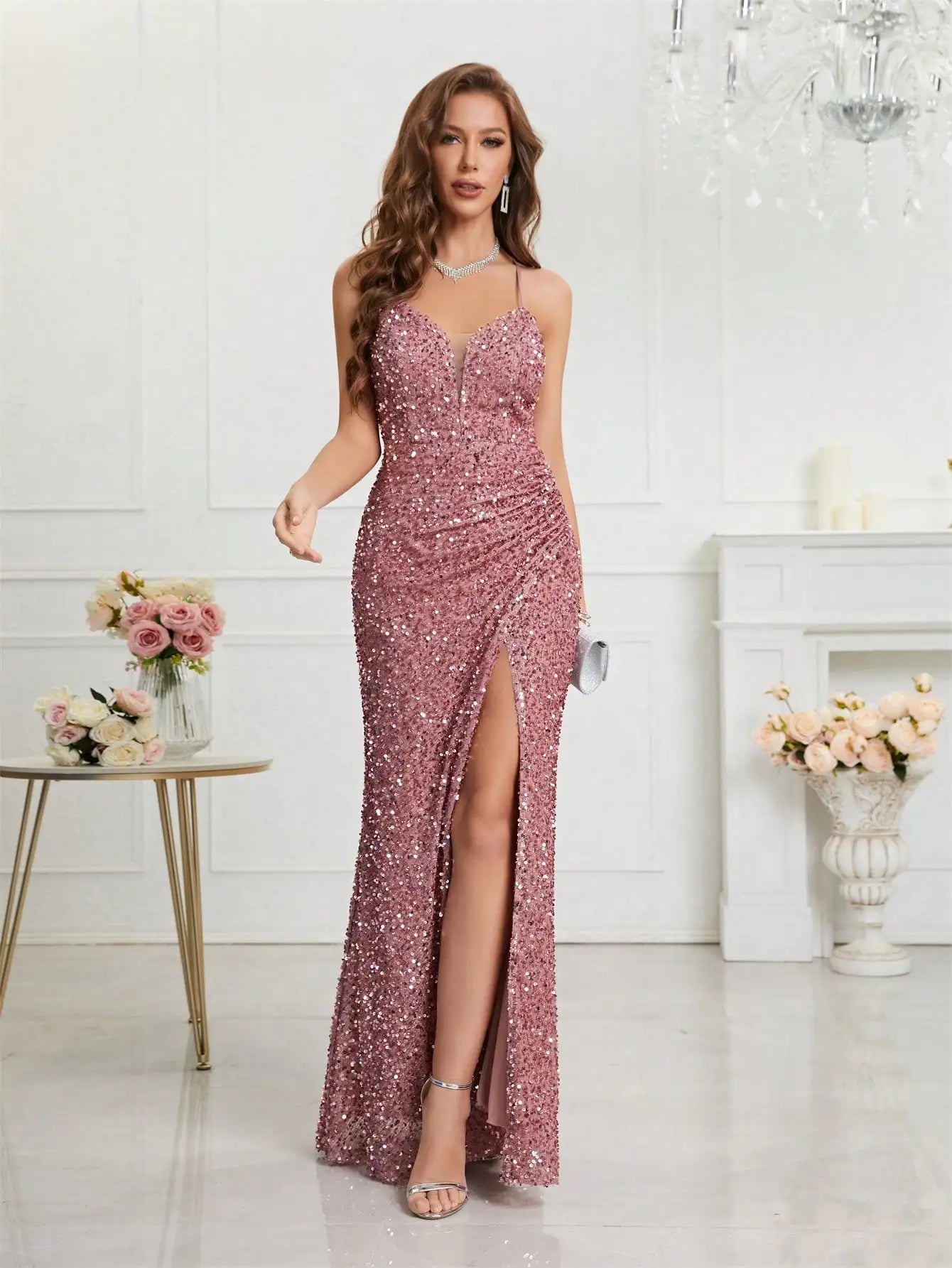 Women's V neck Sequin Spaghetti Strap Fashion Design High Split Dresses (Long)