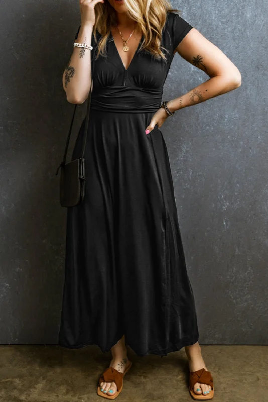 Short Sleeve Shirred High Waist V Neck Maxi Dress