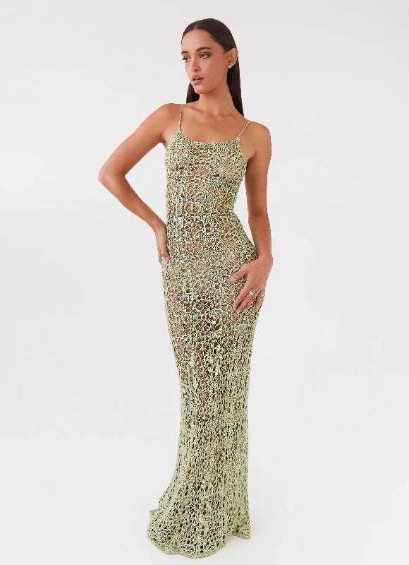 Luxora Crochet Maxi Cami Dress - Light Olive