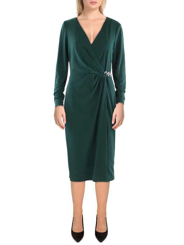 Womens Surplice Midi Cocktail and Party Dress