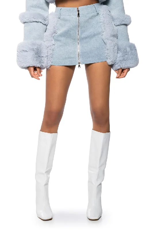 IN MY FEELINGS FUR TRIM DENIM MINI SKIRT