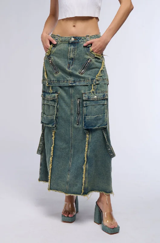 SAY IT AGAIN DISTRESSED MAXI DENIM SKIRT