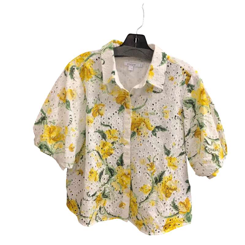 Top Short Sleeve By Chicos In White & Yellow, Size: M