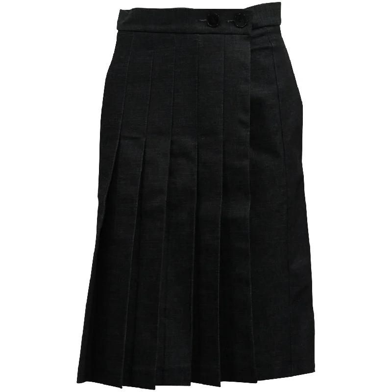 Victoria Beckham Pleated Mid Length Skirt in Navy Blue Cotton Denim