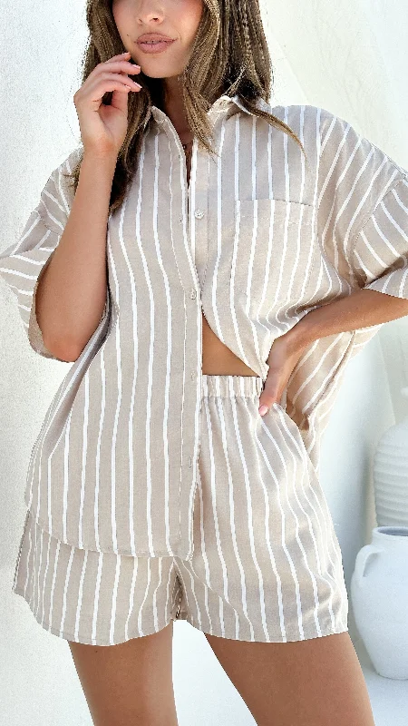 Harper Shirt and Shorts Set - Beige/White Stripe