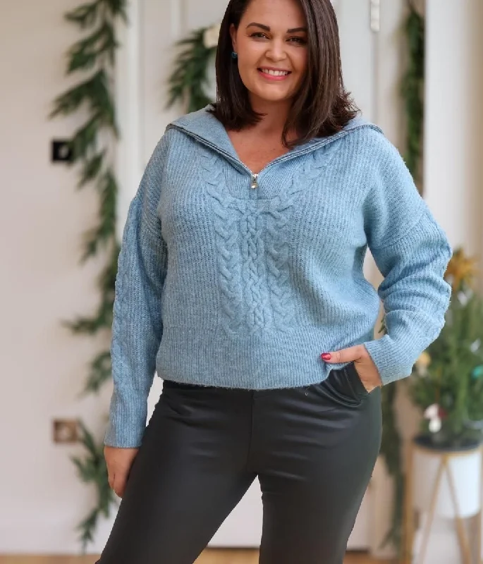 Blue Half Zip Cable Knit Jumper