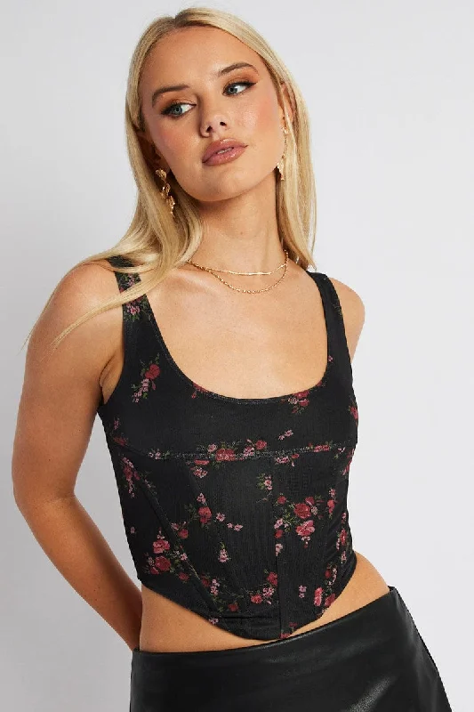 Black Ditsy Corset Top Mesh