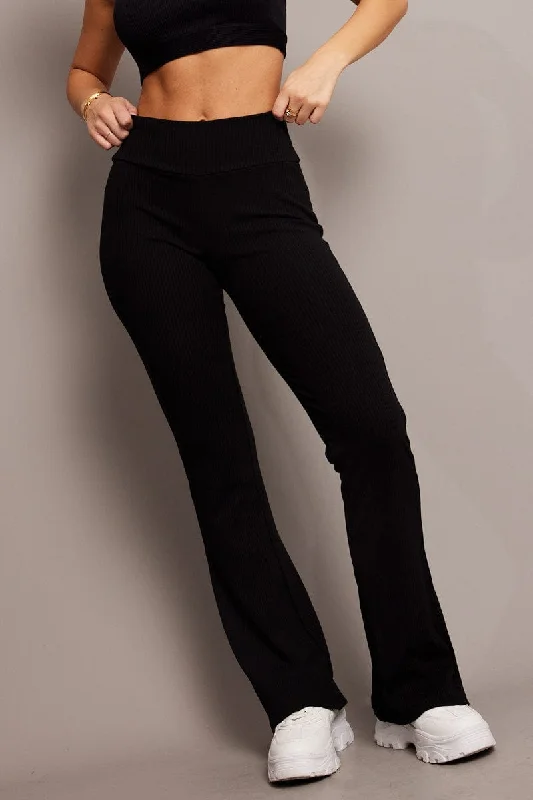 Black Fold Back Flare Leg Pants