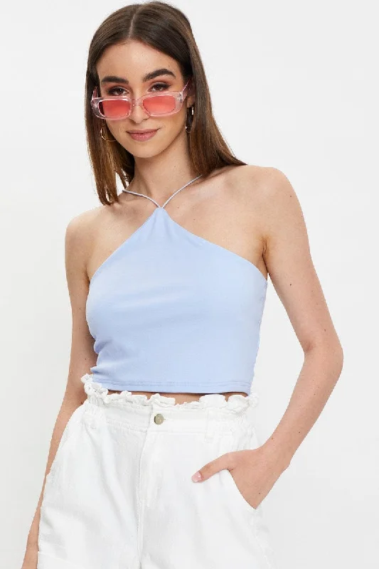 Blue Ribbed Jersey Scarf Style Halter Neck Crop Top