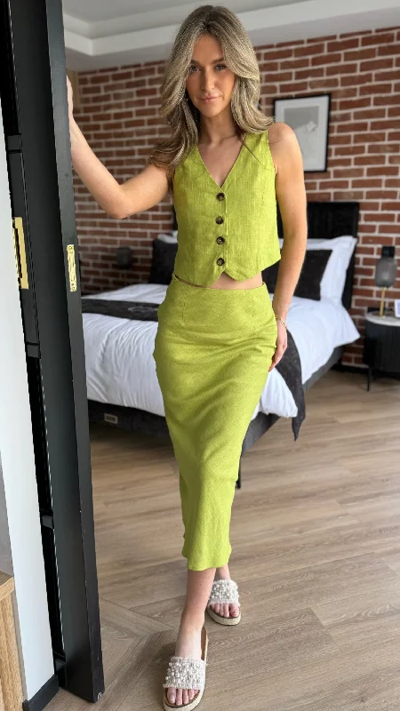 Julia Olive Green Waistcoat & Midi Skirt Co Ord