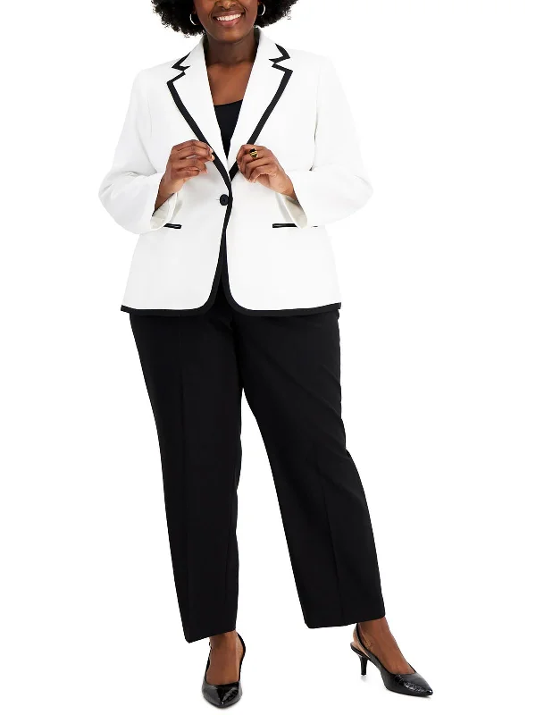 Plus Womens Contrast Trim Notch Collar One-Button Blazer